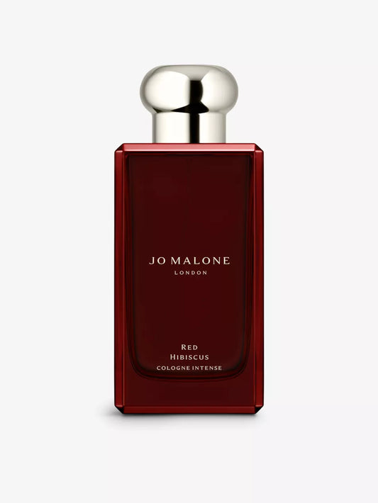 Jo Malone London Red Hibiscus Cologne Intense 100ml bottle with elegant dark red design and gold cap, inspired by tropical floral notes and warm vanilla.