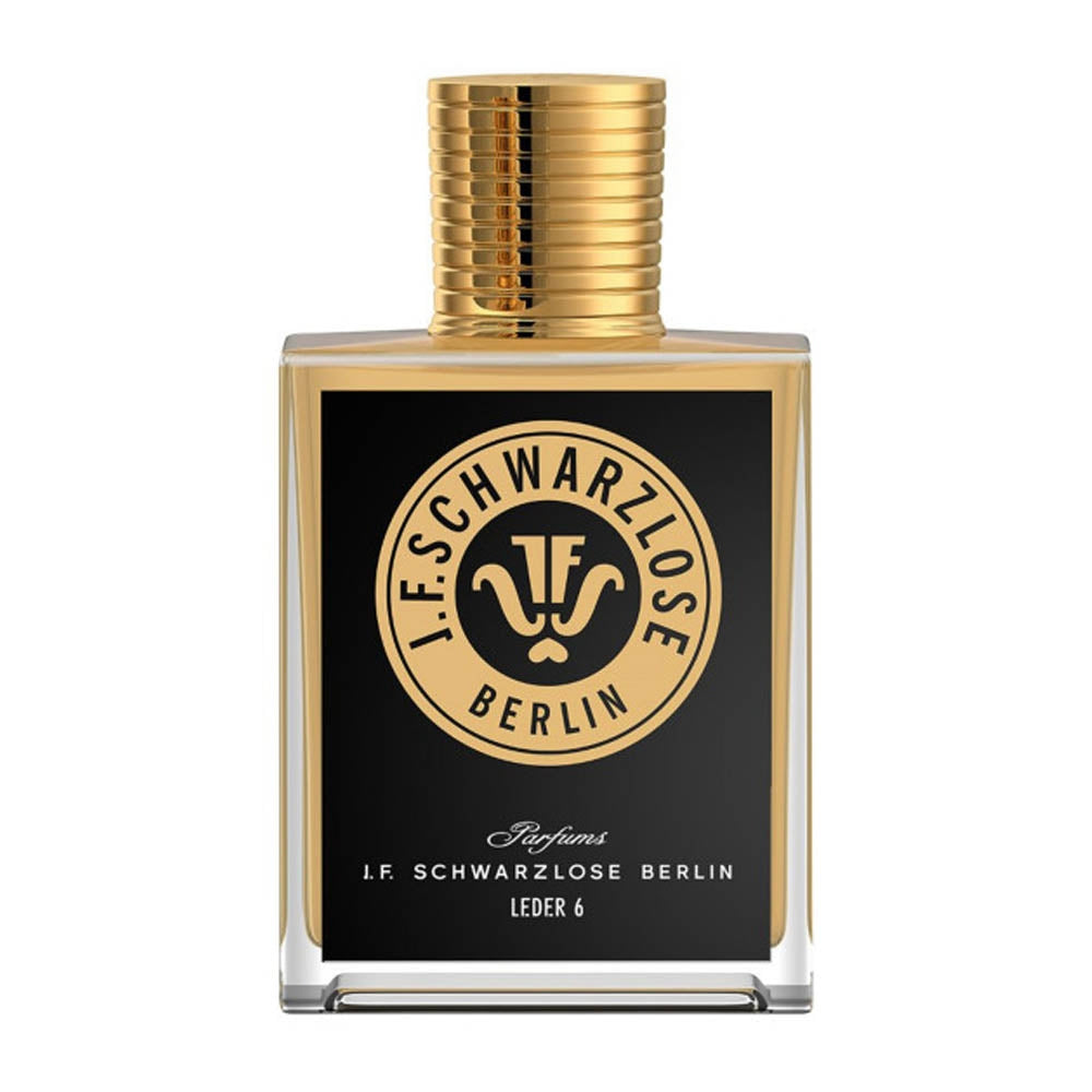 Leder 6 by J.F. Schwarzlose Berlin. Perfume bottle with gold cap and black label featuring J.F. Schwarzlose Berlin logo on a white background.