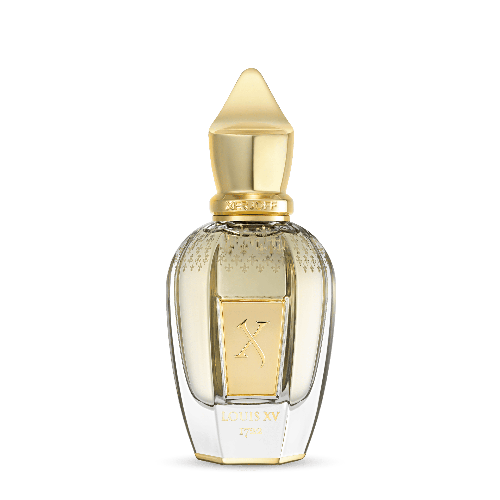 Louis XV by Xerjoff. Perfume bottle with gold cap and clear body on a white background