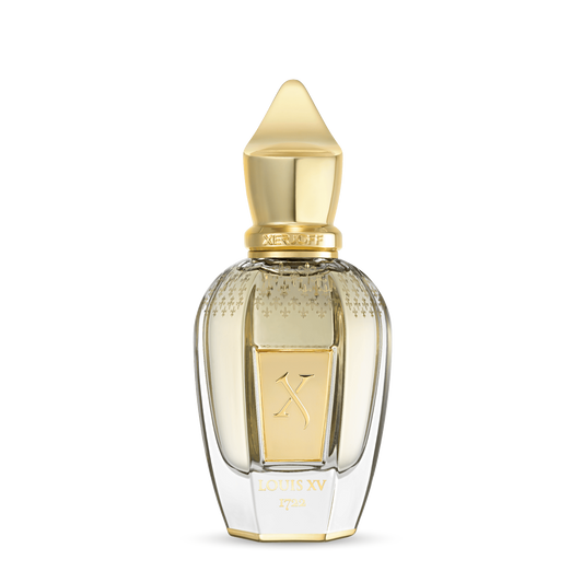 Louis XV by Xerjoff. Perfume bottle with gold cap and clear body on a white background