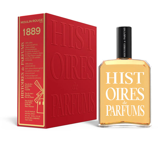 Histoires de Parfums bottle and packaging on a white background. This perfume is called Mouline Rouge  1889 by Histoires de Parfums 