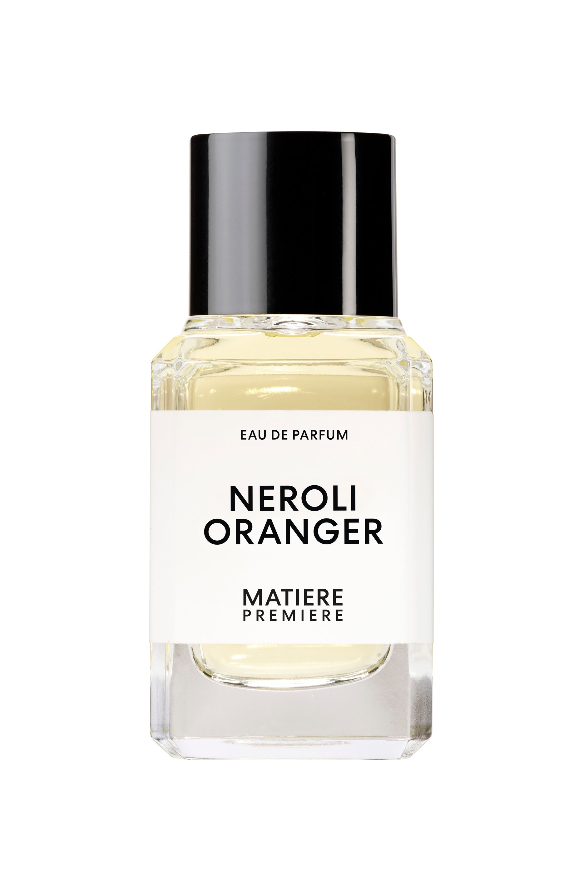 A bottle of Neroli Oranger eau de parfum by Matière Première, with a clear glass container and a black cap.