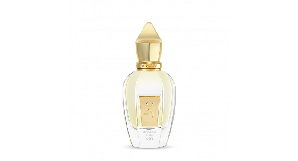 Perfume bottle with gold cap and label on a white background. The perfume is Nio by Xerjoff