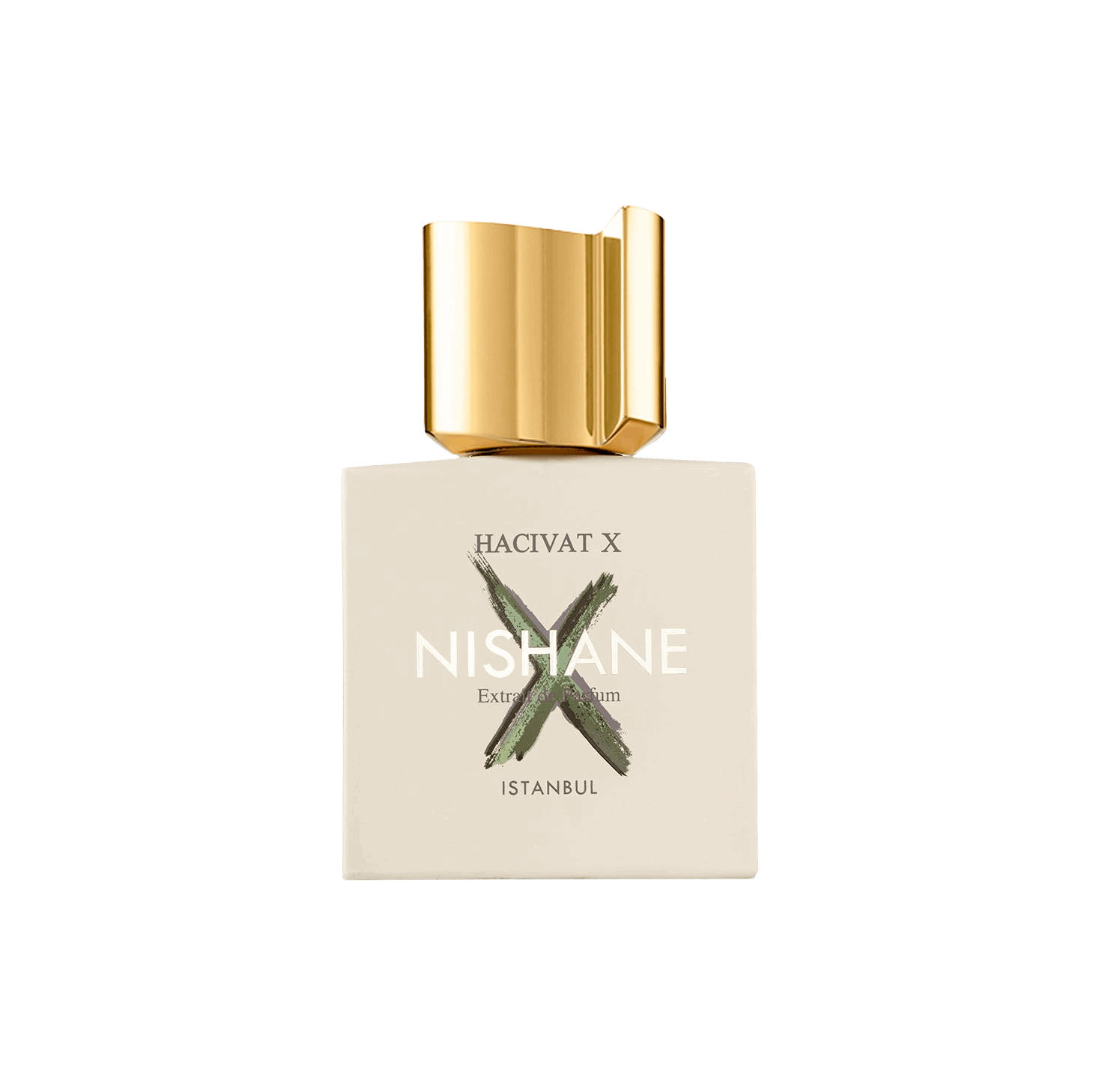 100ml Square cream bottle with a large green "X" behind the Nishane logo and a sculptural gold cap.