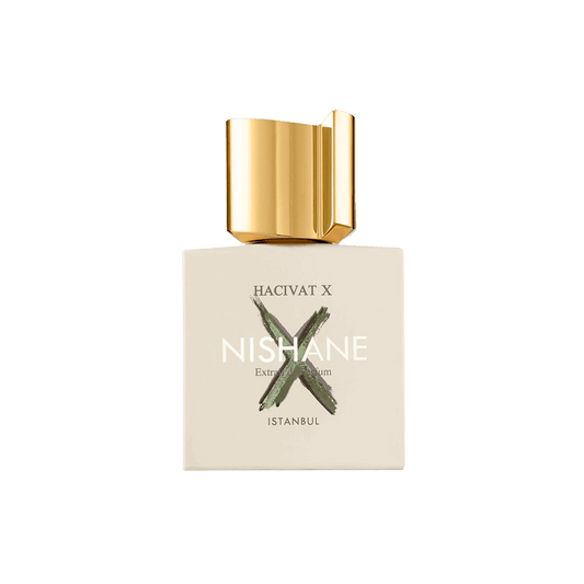 100ml Square cream bottle with a large green "X" behind the Nishane logo and a sculptural gold cap.