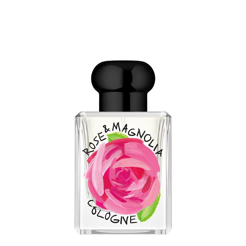 Rose &  Magnolia Cologne by Jo Malone London bottle with a pink rose design on a white background