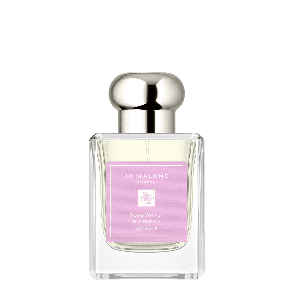 Rose Water & Vanilla Cologne by Jo Malone London bottle with silver cap on a white background