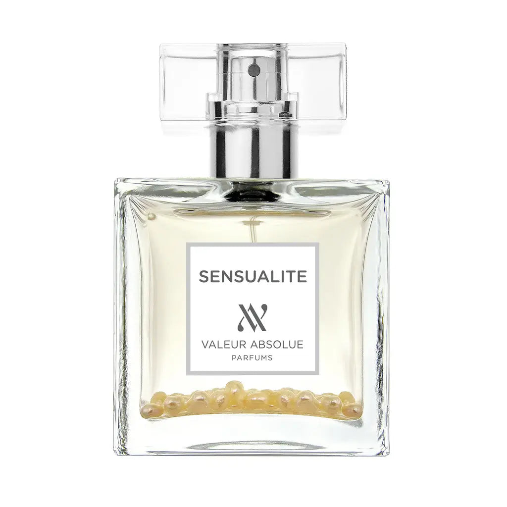 Perfume bottle labeled 'Sensualite' by Valeur Absolue Parfums on a white background