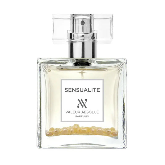 Perfume bottle labeled 'Sensualite' by Valeur Absolue Parfums on a white background