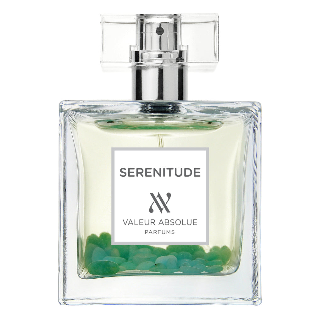 Perfume bottle labeled 'Serenitude' by Valeur Absolue Parfums on a white background