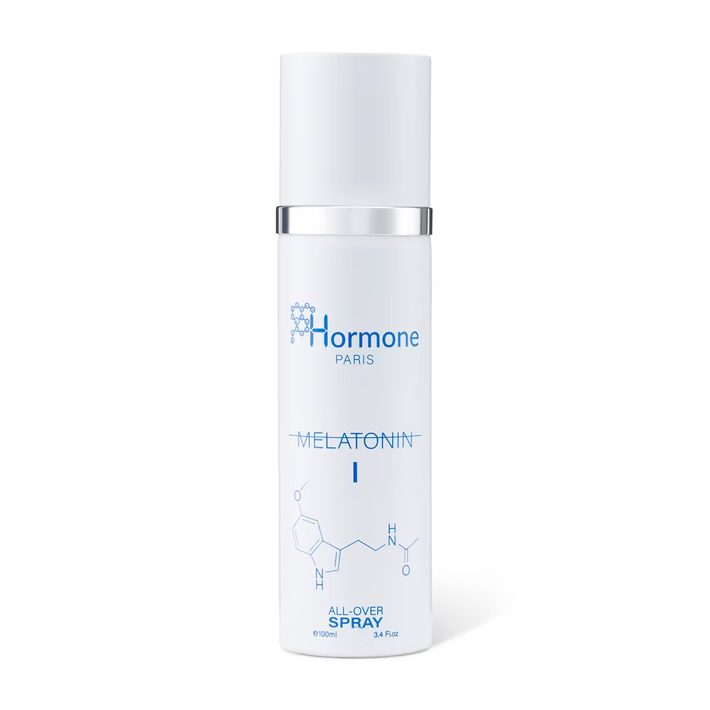 This is Not Melatonin I by Hormone Paris. White spray bottle labeled 'Hormone Paris' with blue text on a white background