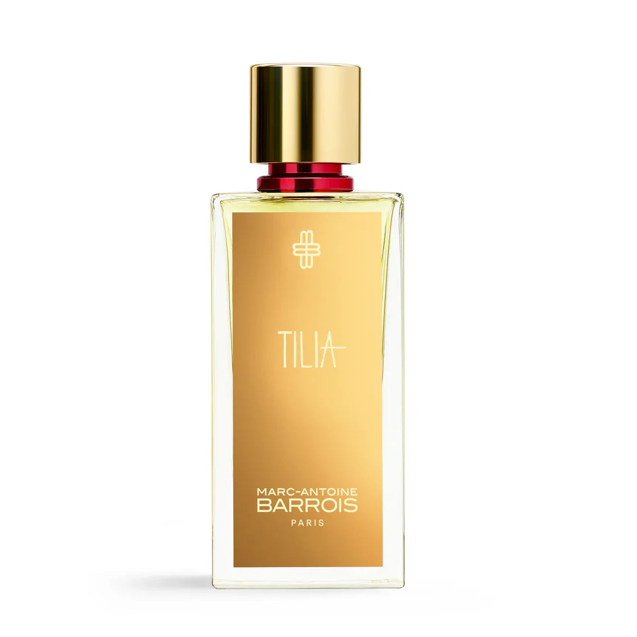 A bottle of Tilia by Marc-Antoine Barrois perfume with a gold-colored label and a golden cap, clearly displaying the brand name and the scent.