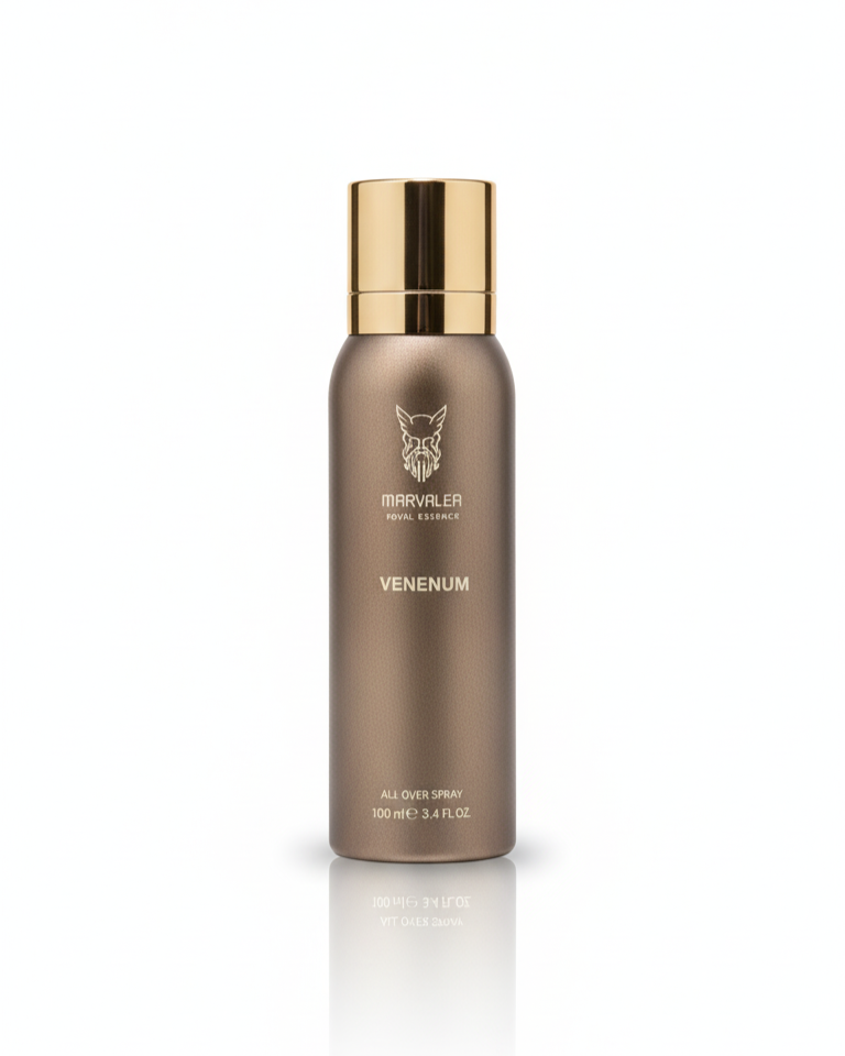 Brown spray bottle with gold cap on a white background. It's an all over bhair and body spray called Venenum by Marvalea