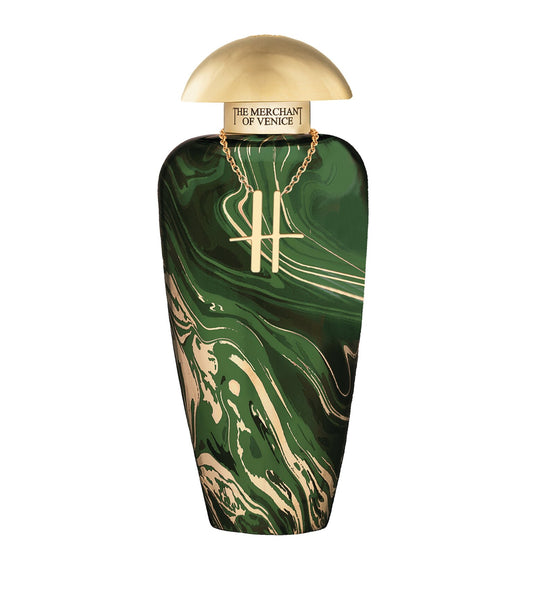 Venetian Jade by The Merchant of Venice  Perfume bottle with green marbled design and gold accents on a white background