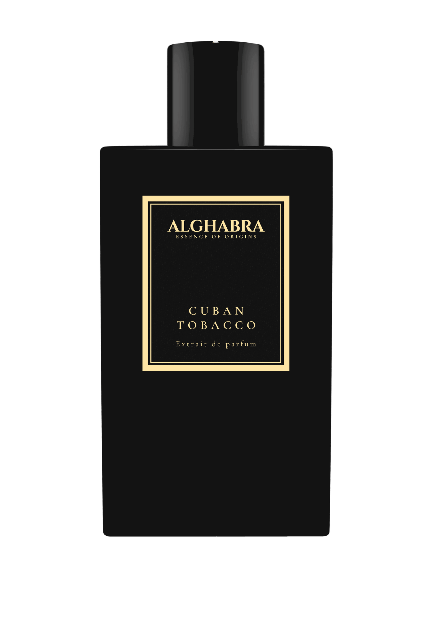 A 50ml square glass bottle of Alghabra Cuban Tobacco with a textured white label and heavy silver cap.