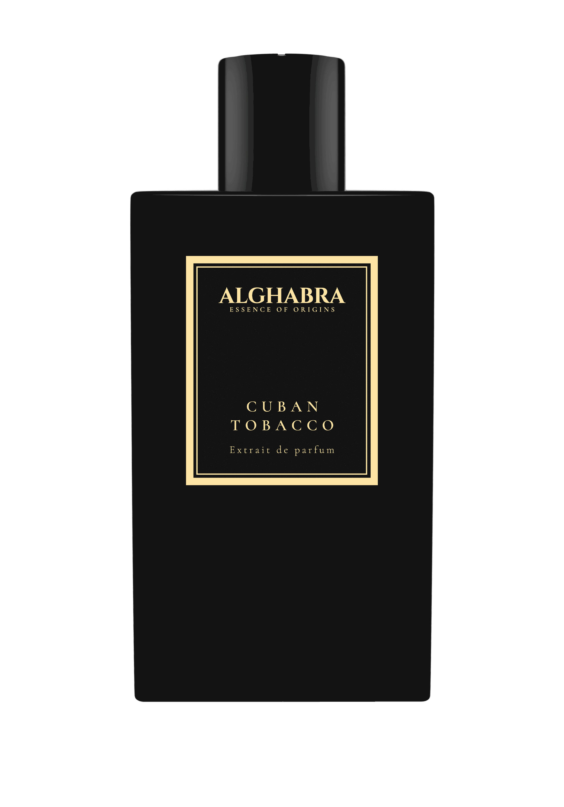 A 50ml square glass bottle of Alghabra Cuban Tobacco with a textured white label and heavy silver cap.