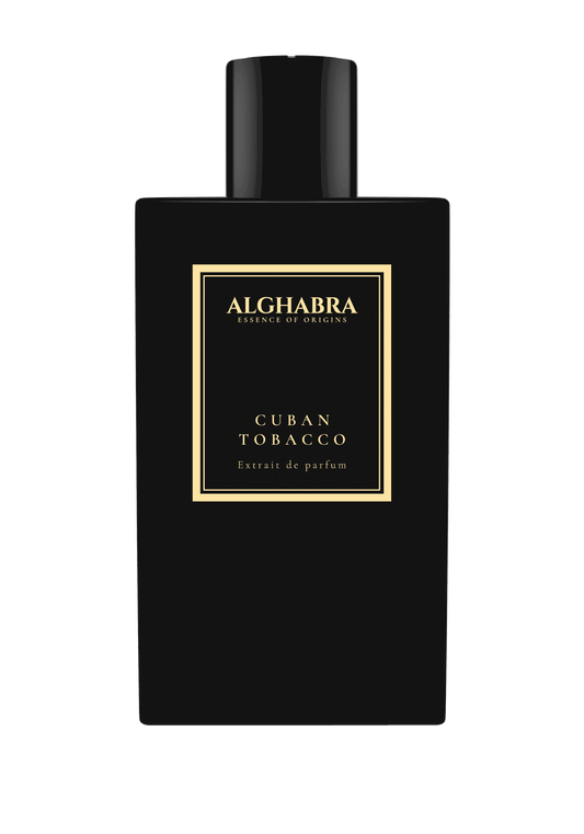 A 50ml square glass bottle of Alghabra Cuban Tobacco with a textured white label and heavy silver cap.
