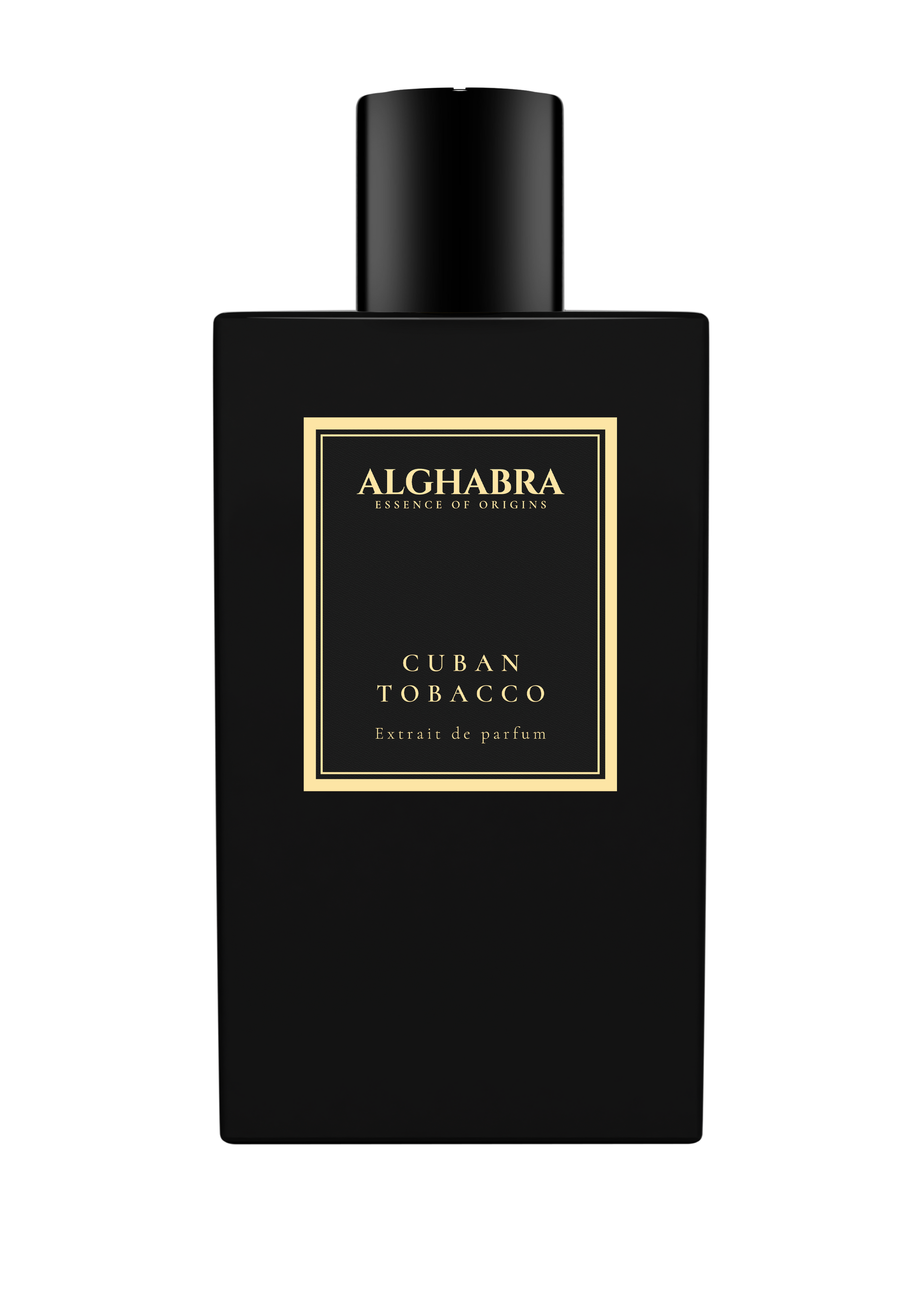 A 50ml square glass bottle of Alghabra Cuban Tobacco with a textured white label and heavy silver cap.