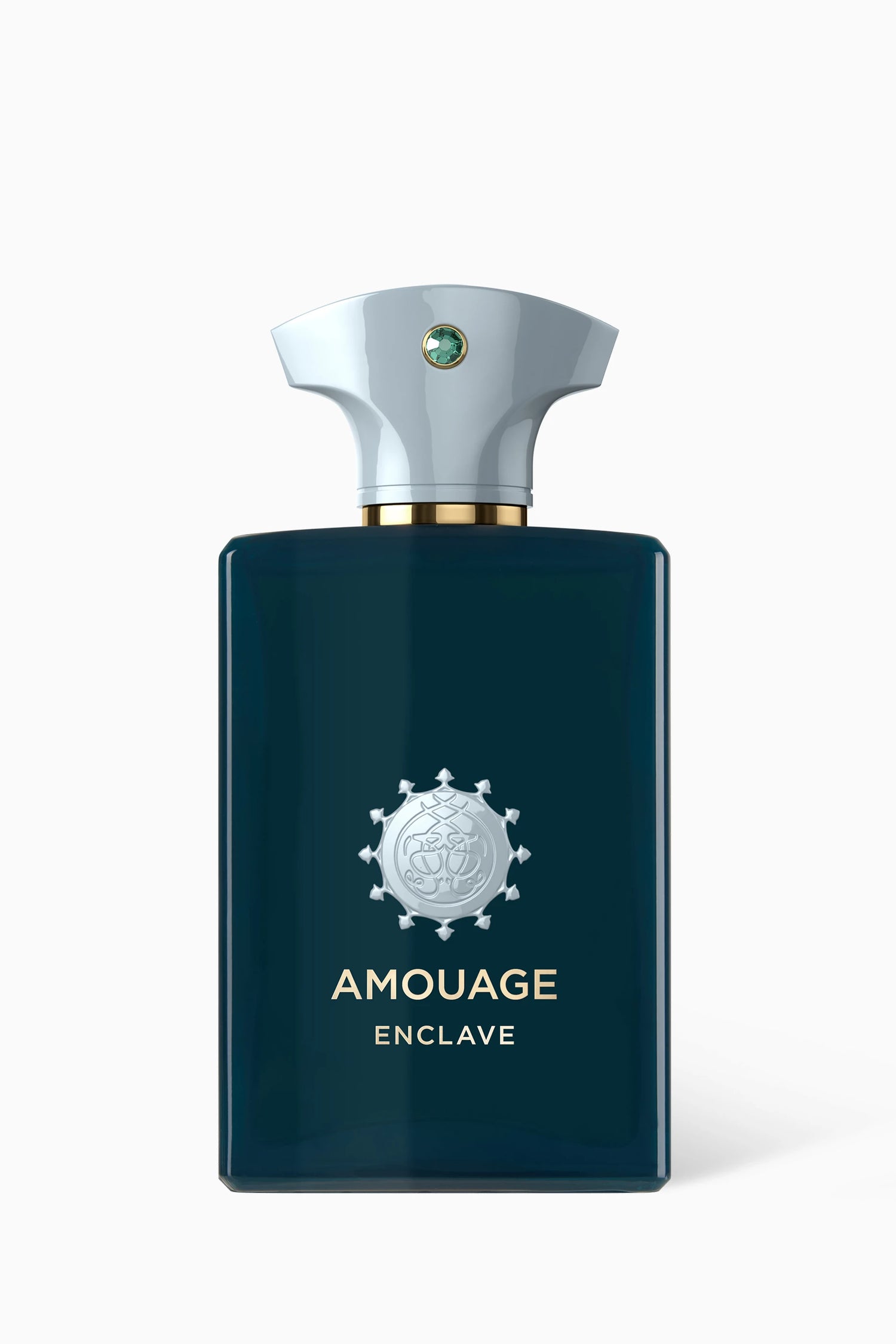 100ml mint green Amouage Enclave glass bottle with a matching green cap and silver brand crest.