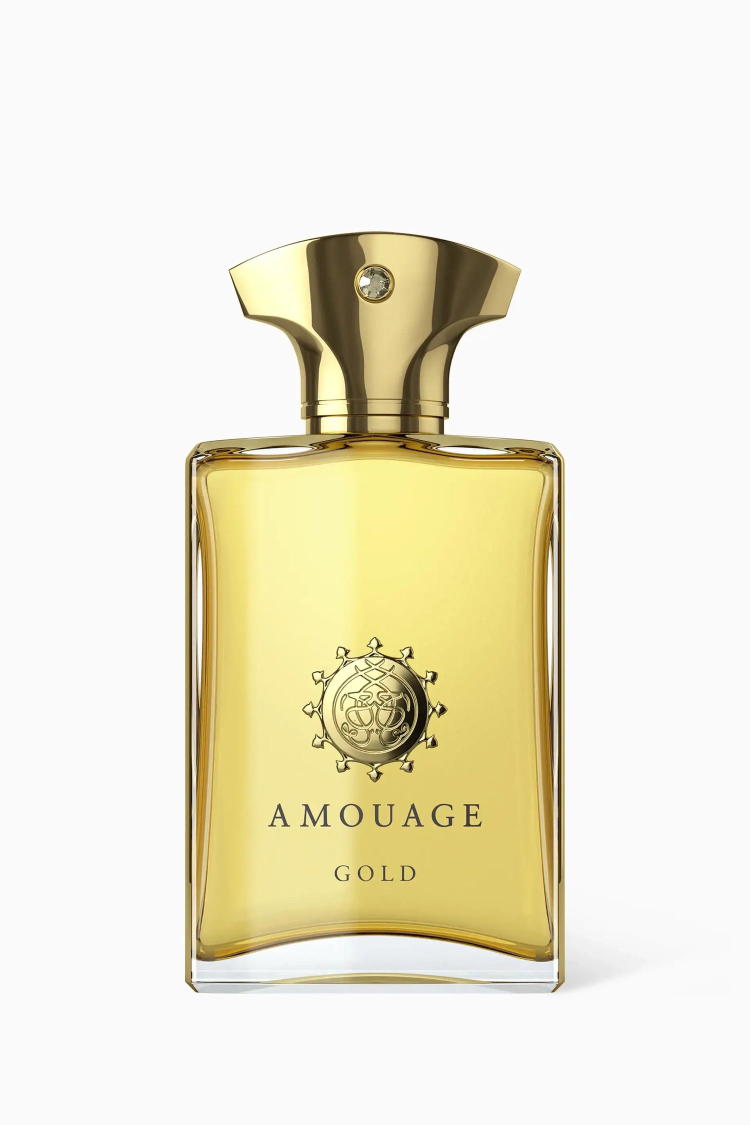 100ml gold-toned Amouage Gold Man bottle with a crystal-embellished cap and a regal crest.