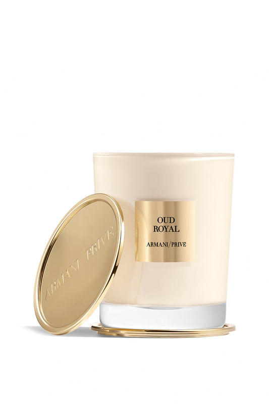 Giorgio Armani Prive Oud Royal luxury candle in gold and cream 175g jar.