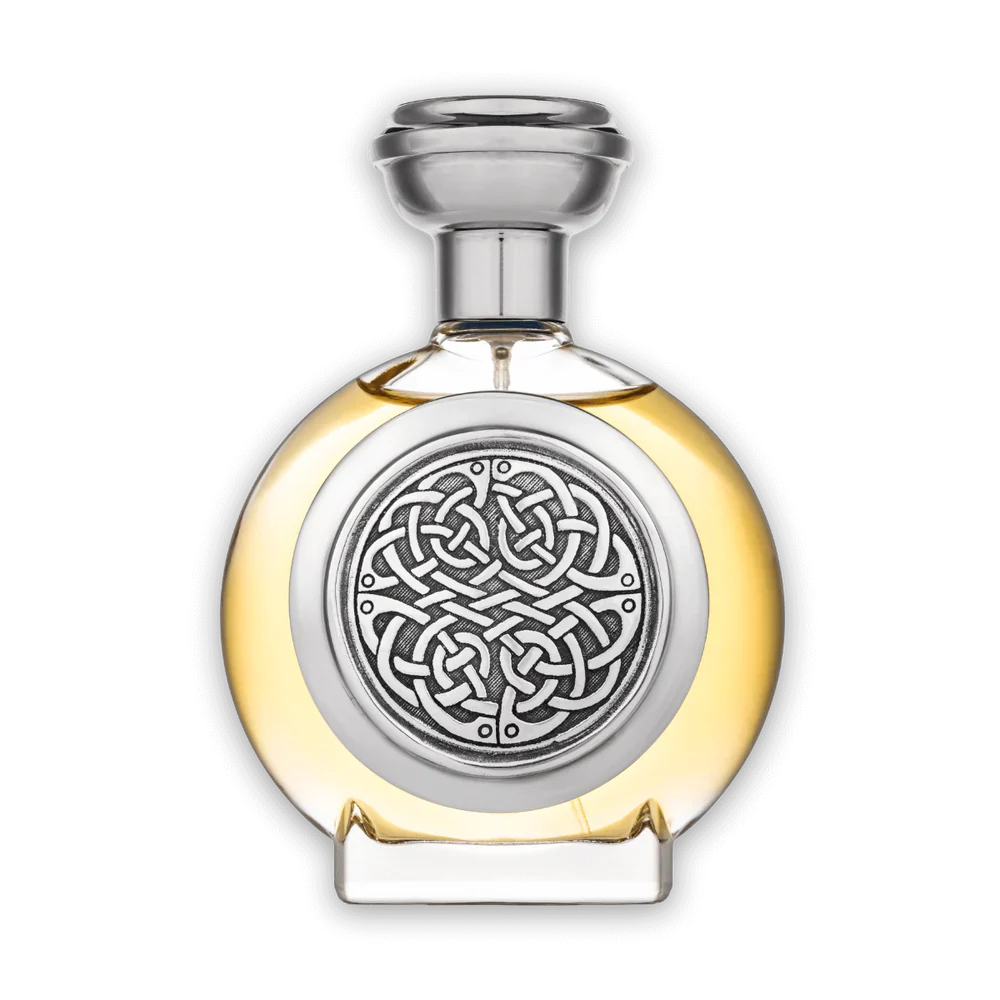 100ml circular glass bottle with a silver pewter Celtic knot shield and a matching silver tiered cap.