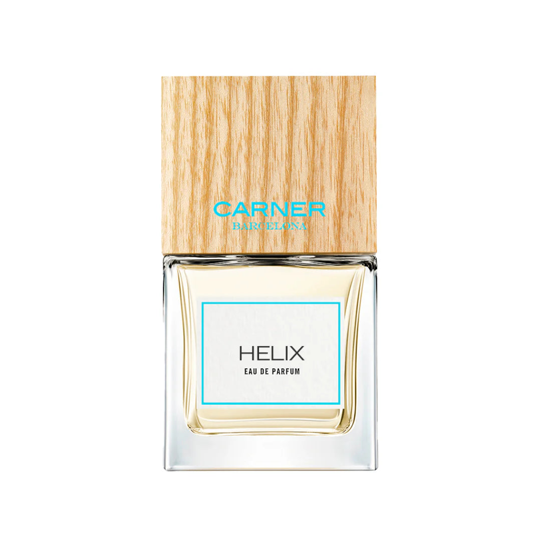 100ml clear glass bottle of Carner Barcelona Helix with a white label and a large wooden cap.