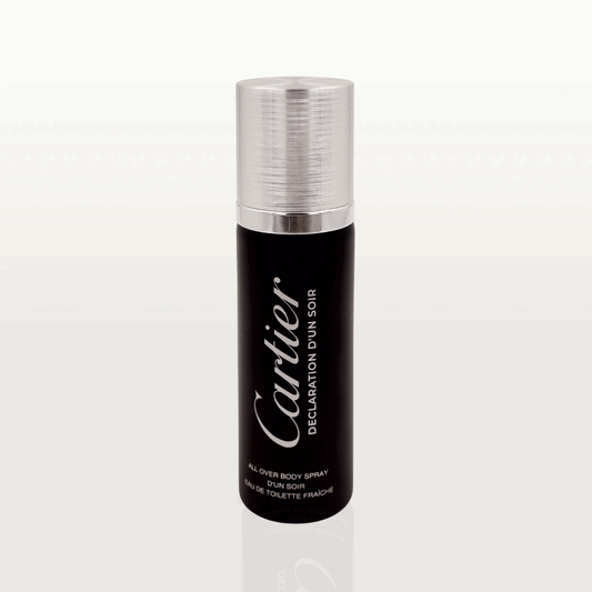 100ml slender black Cartier Déclaration d'un Soir spray bottle with a minimalist silver cap.