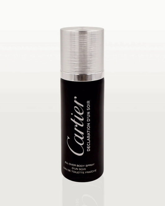 100ml slender black Cartier Déclaration d'un Soir spray bottle with a minimalist silver cap.