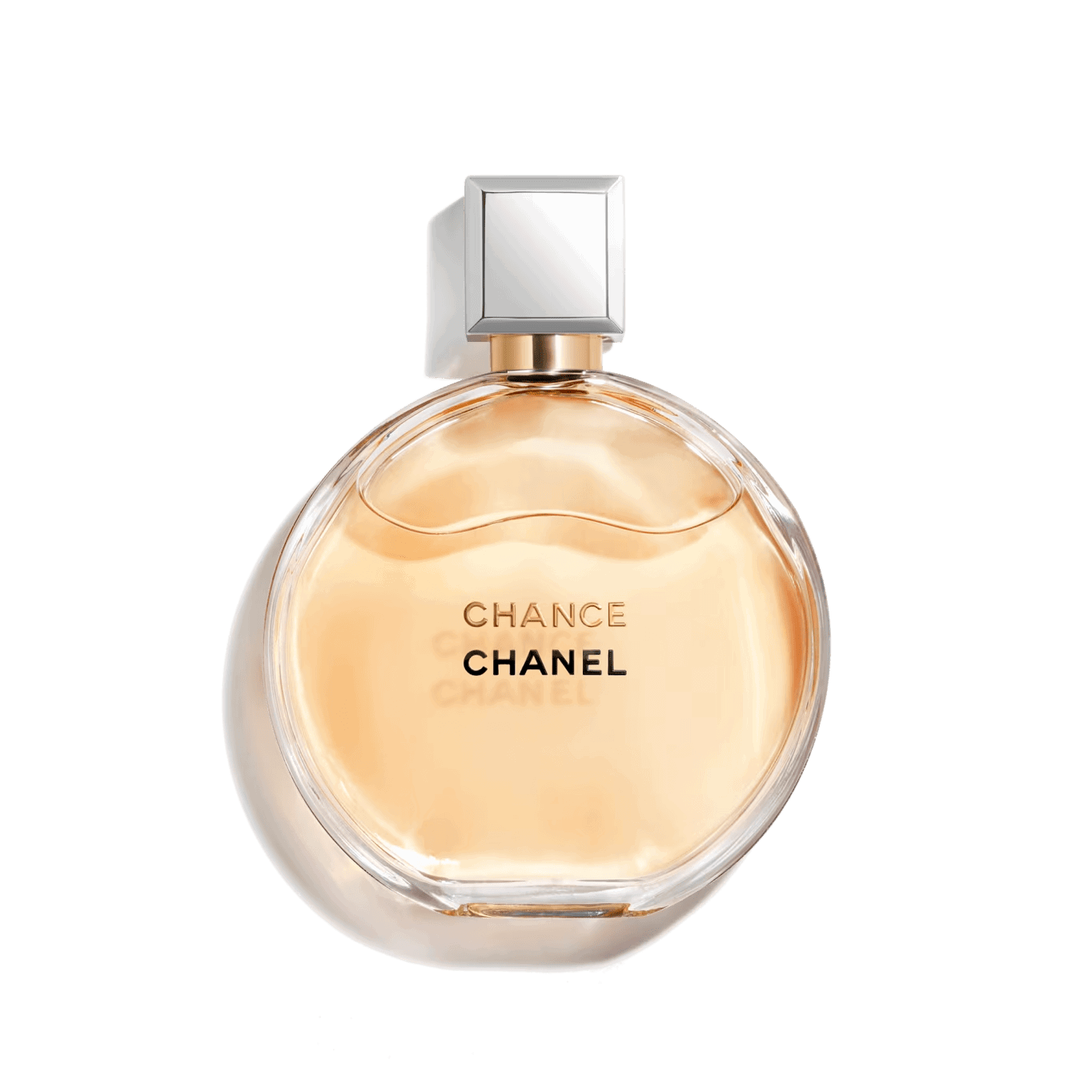 100ml circular clear glass Chanel bottle with peach liquid and a square silver cap.