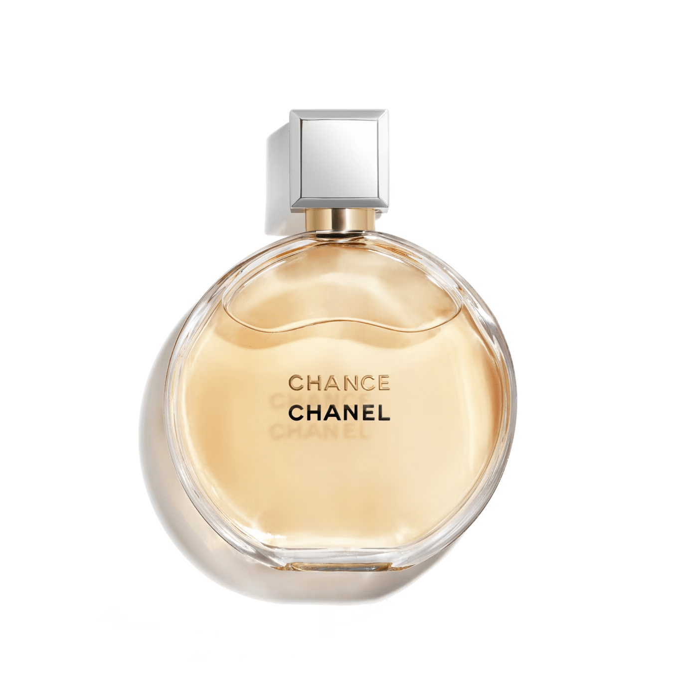 100ml circular clear glass Chanel bottle with peach liquid and a square silver cap.