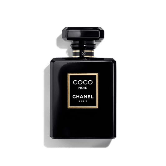 100ml opaque black rectangular Chanel bottle with a gold-bordered label and a matching black octagonal cap.