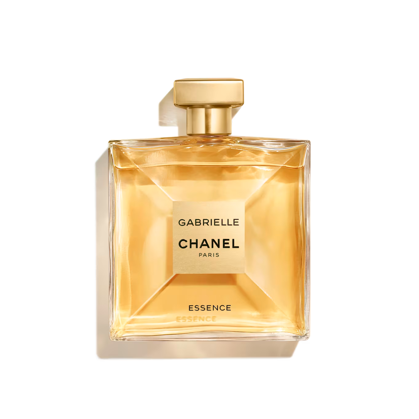 100ml square gold-tinted Chanel Gabrielle Essence bottle with a matte gold square cap and gold label.