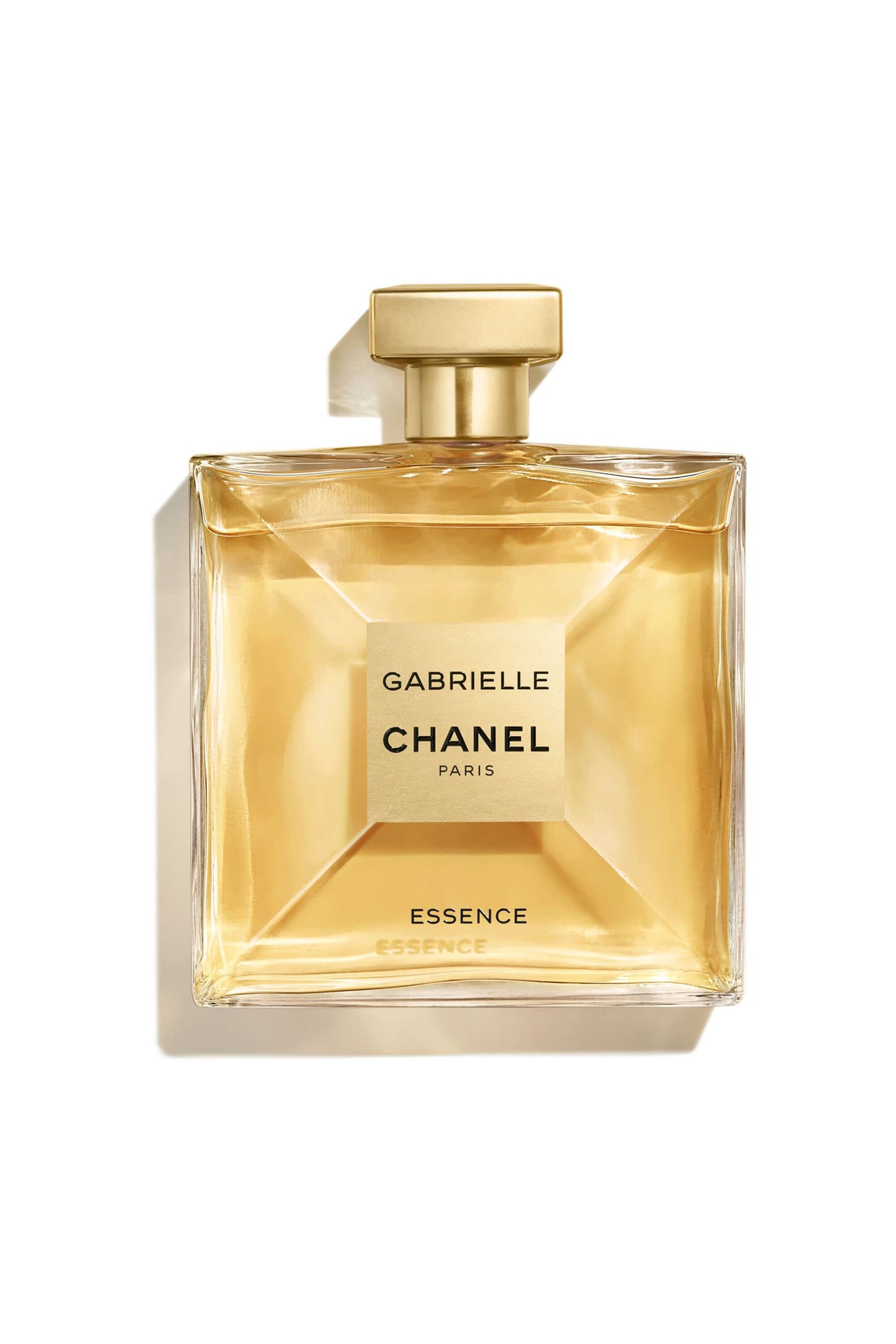 100ml square gold-tinted Chanel Gabrielle Essence bottle with a matte gold square cap and gold label.
