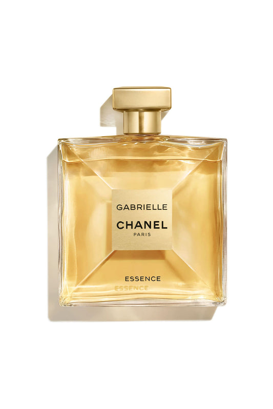 100ml square gold-tinted Chanel Gabrielle Essence bottle with a matte gold square cap and gold label.