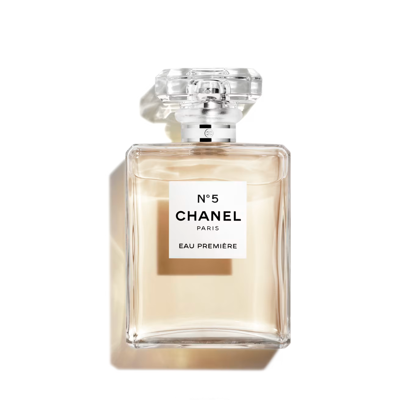 100ml square glass Chanel N°5 Eau Première bottle with a faceted clear cap and white minimalist label.