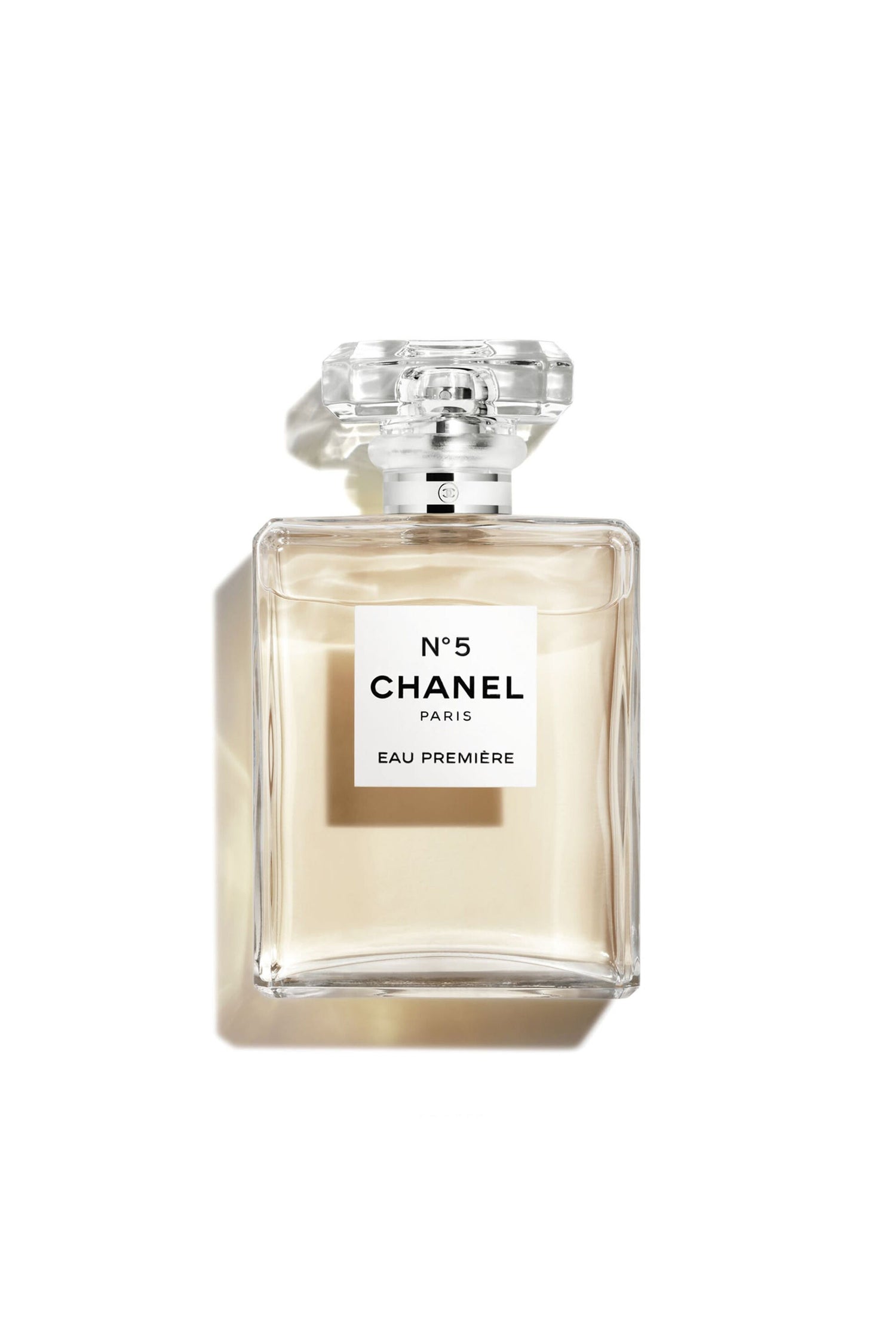 100ml square glass Chanel N°5 Eau Première bottle with a faceted clear cap and white minimalist label.