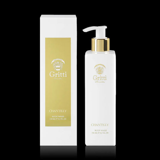 250ml white rectangular Gritti Chantilly body wash bottle with a gold pump and matching gold-labeled white box.