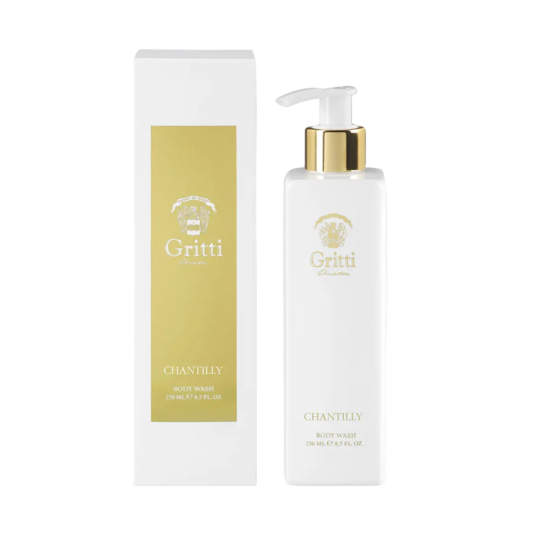 250ml white rectangular Gritti Chantilly body wash bottle with a gold pump and matching gold-labeled white box.