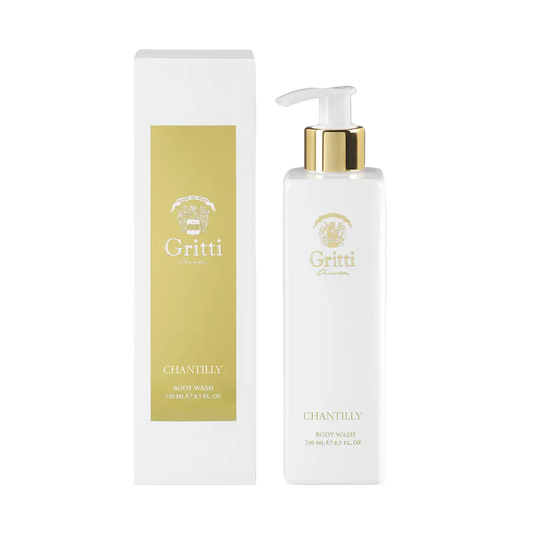 250ml white rectangular Gritti Chantilly body wash bottle with a gold pump and matching gold-labeled white box.