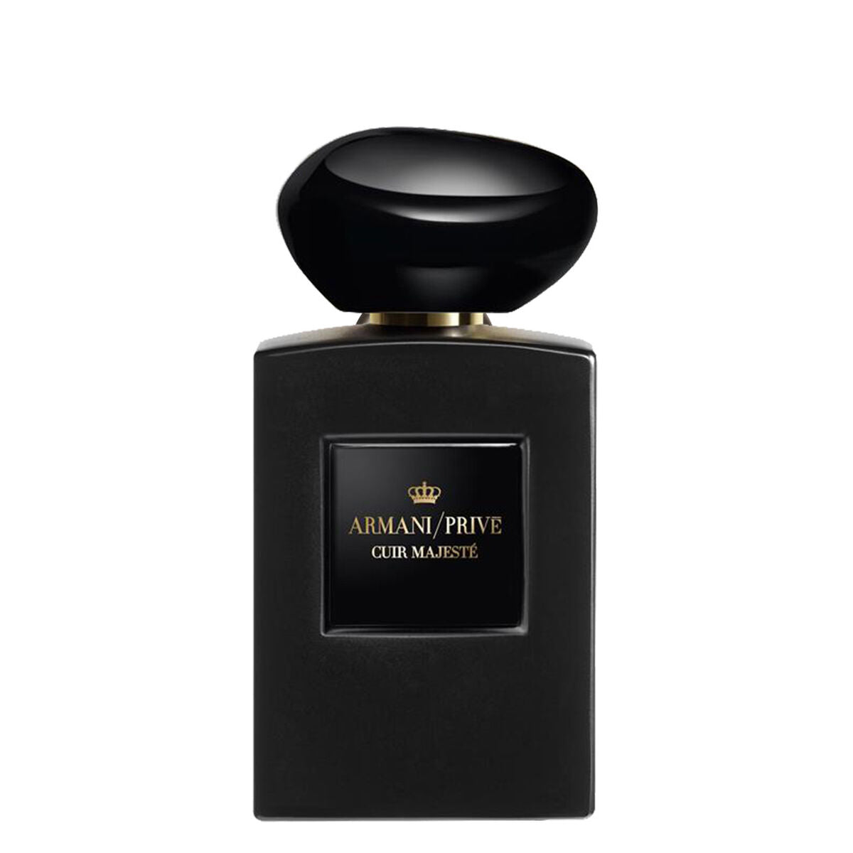 100ml opaque black rectangular bottle with a gold square label and a smooth black pebble cap.