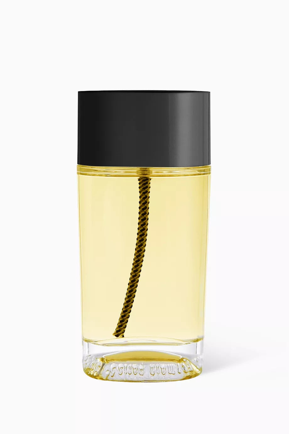 100ml clear cylindrical Diptyque bottle with a black cap and a unique black-and-gold braided internal dip tube.