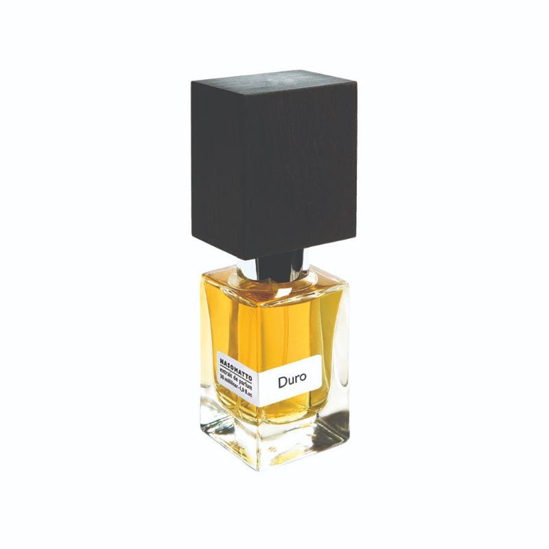 30ml small clear rectangular bottle with amber liquid and a large dark brown wooden block cap.