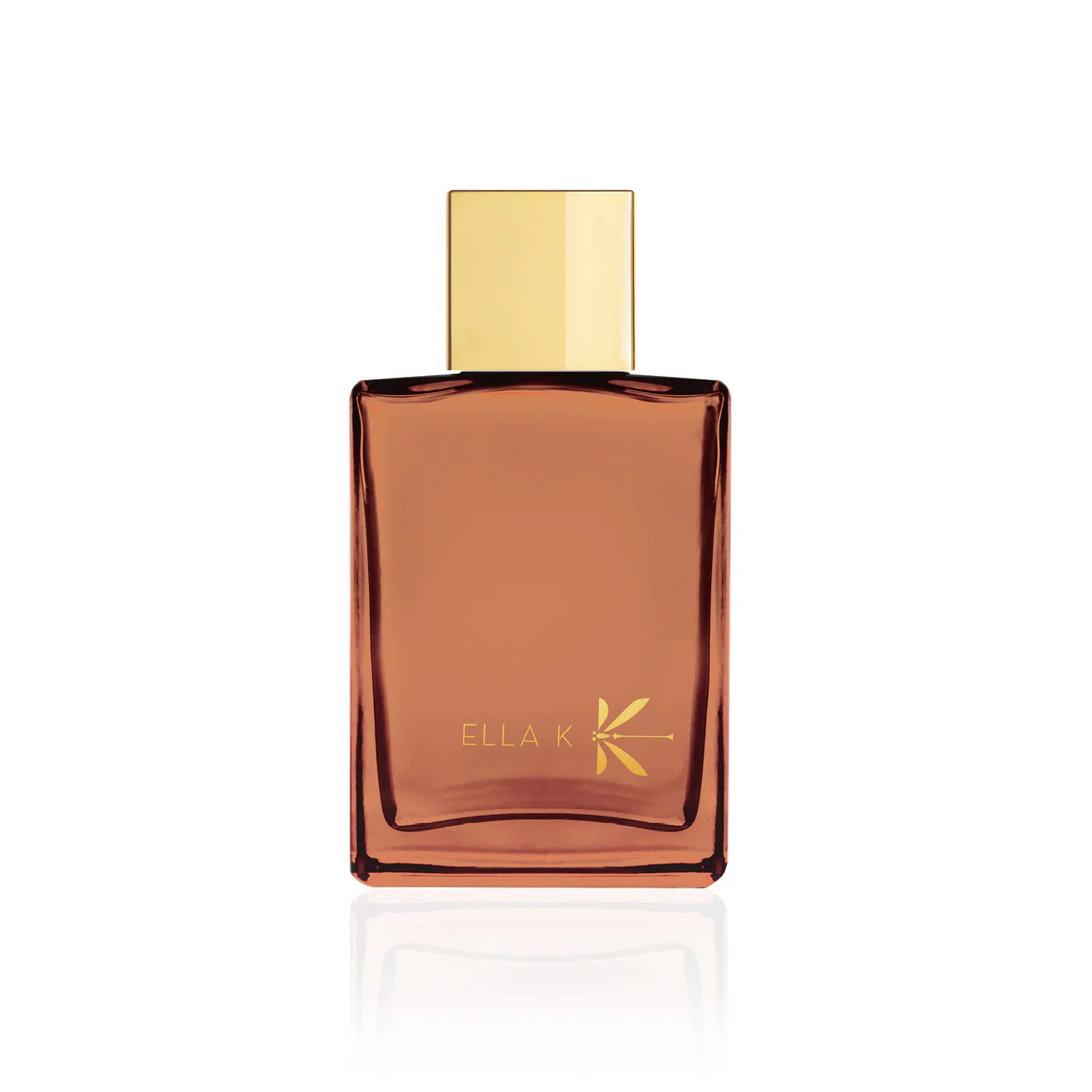 100ml translucent amber rectangular Ella K Amber K bottle with a gold square cap and gold logo lettering.