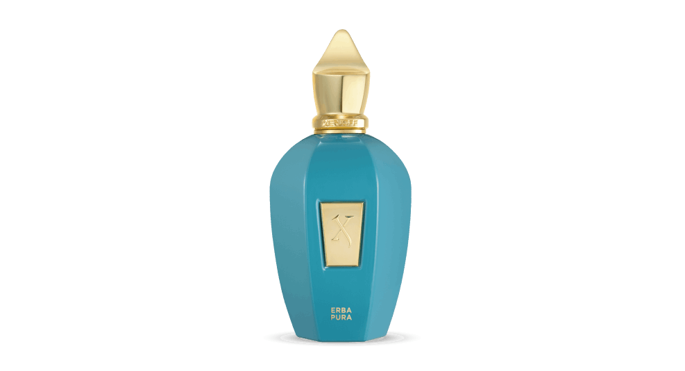100ml velvet-textured turquoise bottle with a gold "X" plaque and a pointed gold crown cap.
