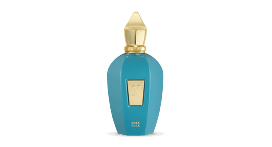 100ml velvet-textured turquoise bottle with a gold "X" plaque and a pointed gold crown cap.