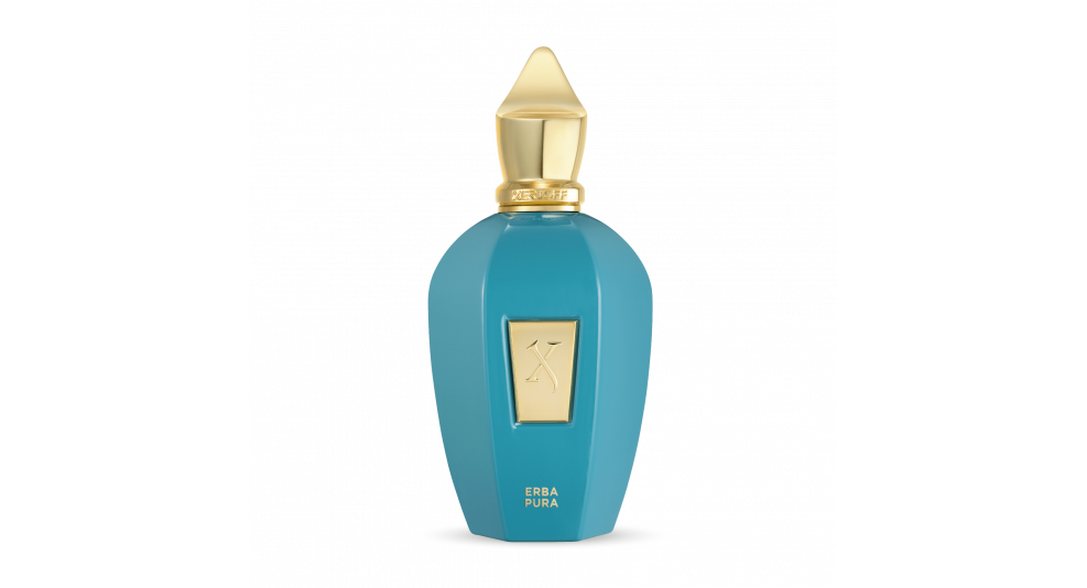100ml velvet-textured turquoise bottle with a gold "X" plaque and a pointed gold crown cap.