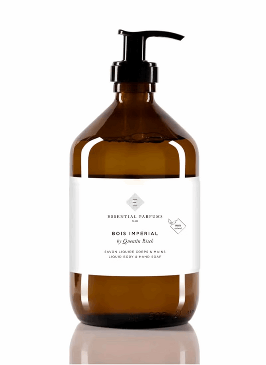 500ml amber glass Essential Parfums Bois Impérial soap bottle with a black pump dispenser and a white label.