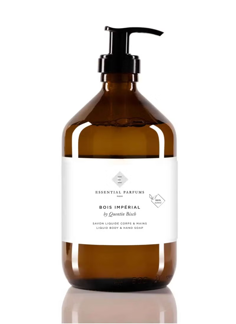 500ml amber glass Essential Parfums Bois Impérial soap bottle with a black pump dispenser and a white label.