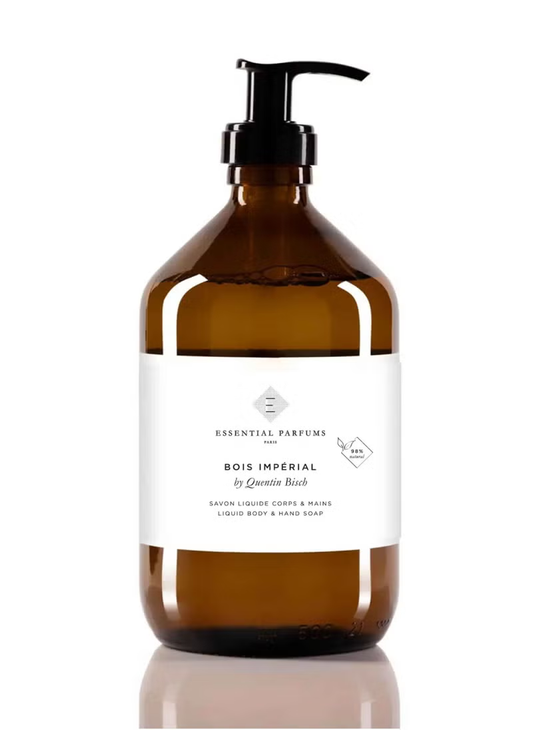500ml amber glass Essential Parfums Bois Impérial soap bottle with a black pump dispenser and a white label.